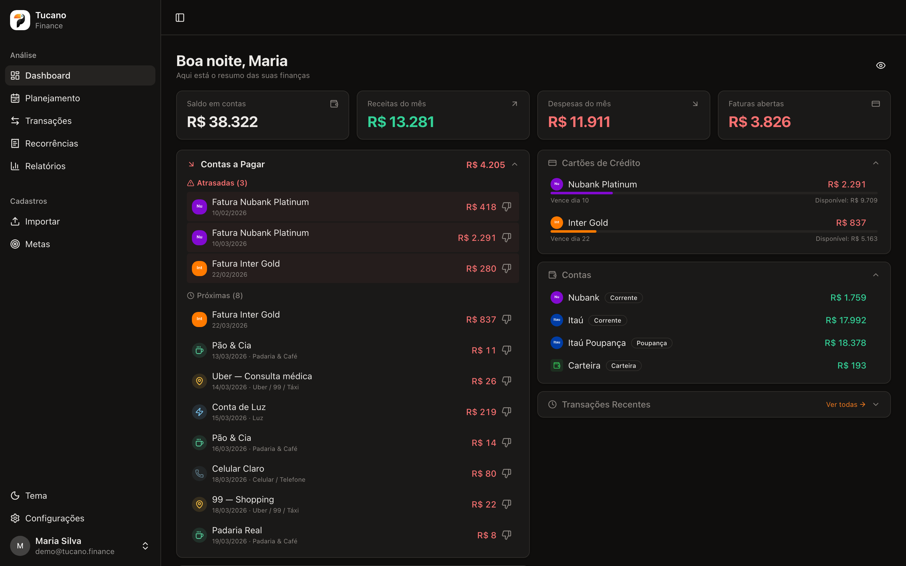 Dashboard do Tucano — modo escuro