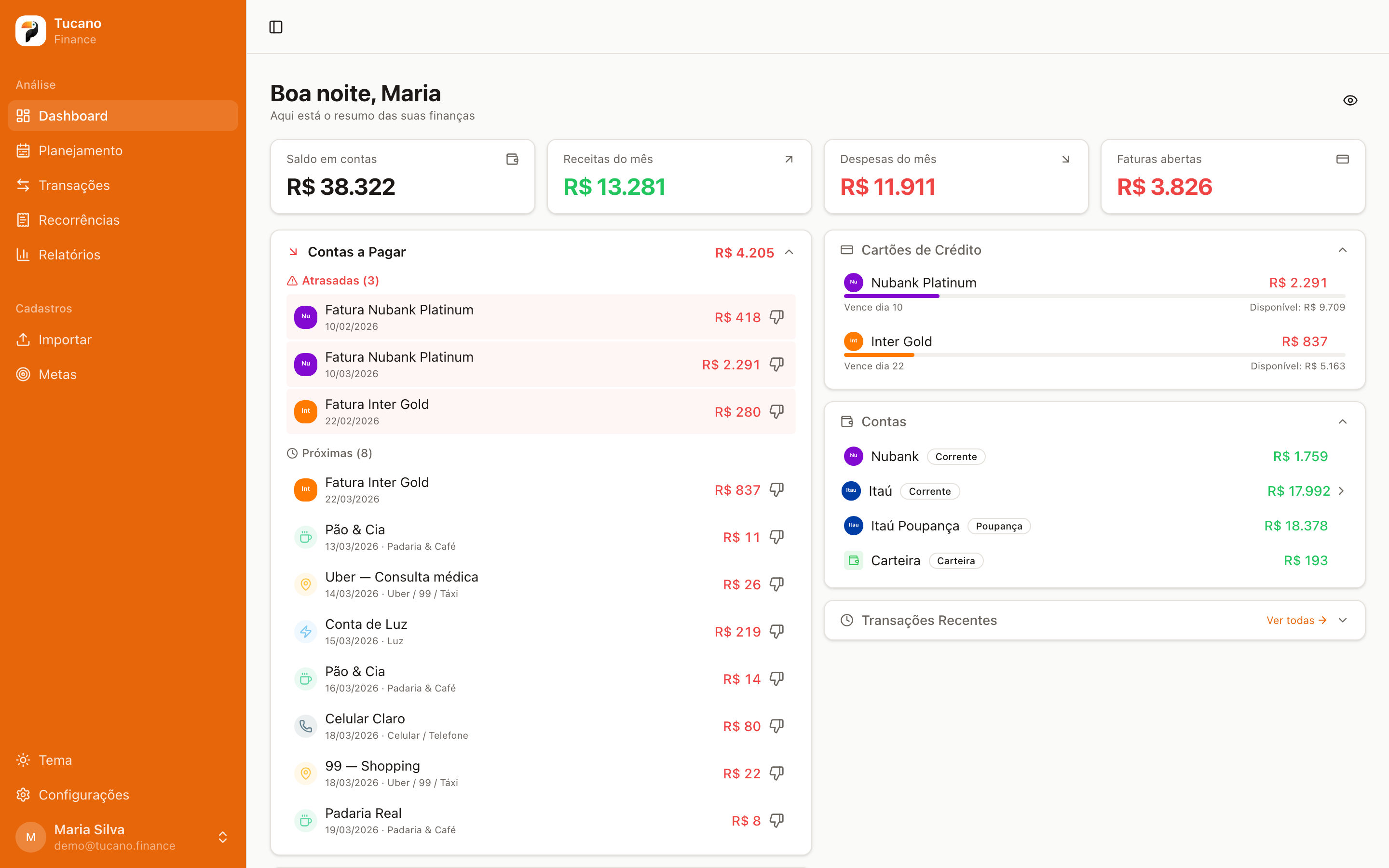 Dashboard do Tucano — modo claro